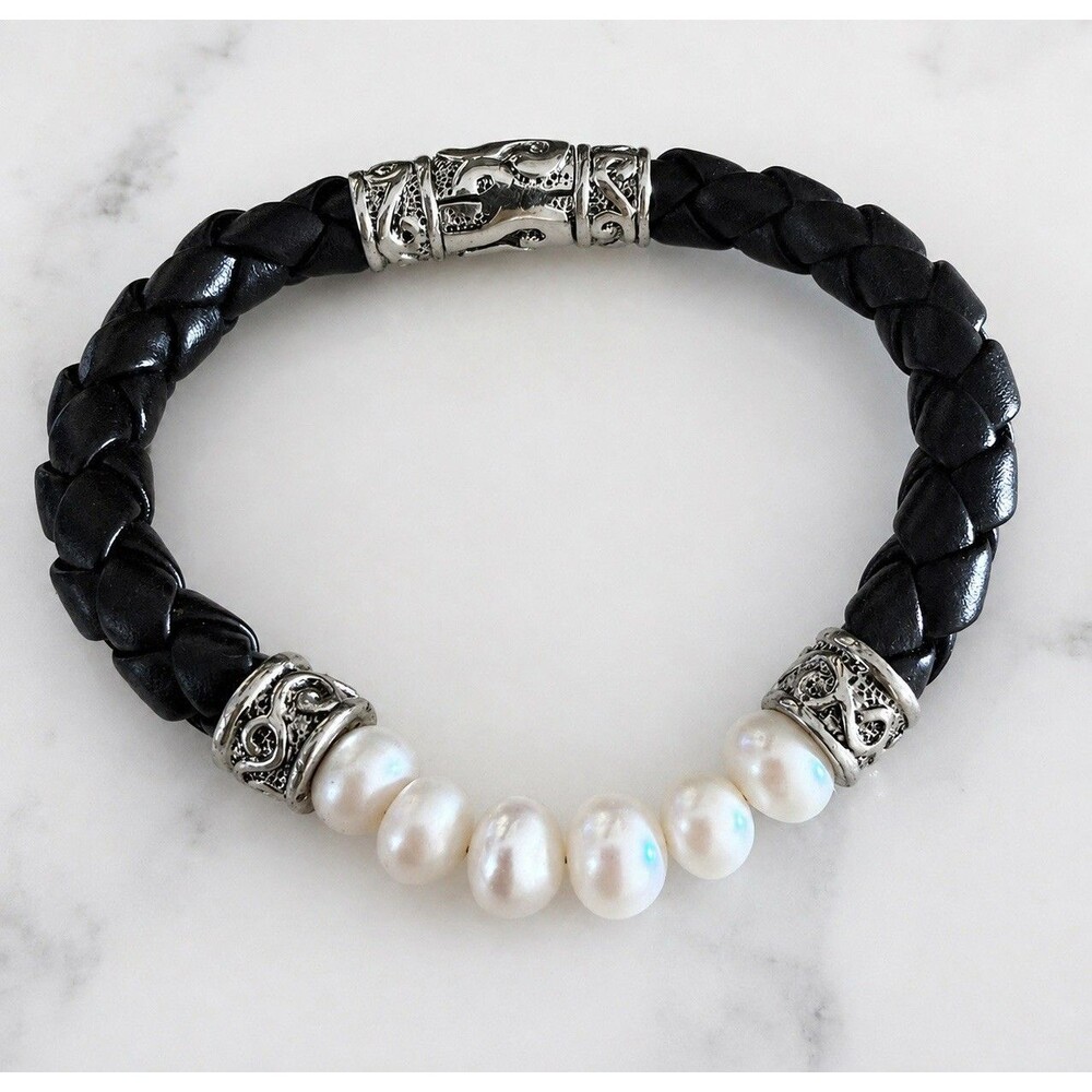 Black Braided Faux Leather Bracelet Magnetic White Pearls Contemporary Classic